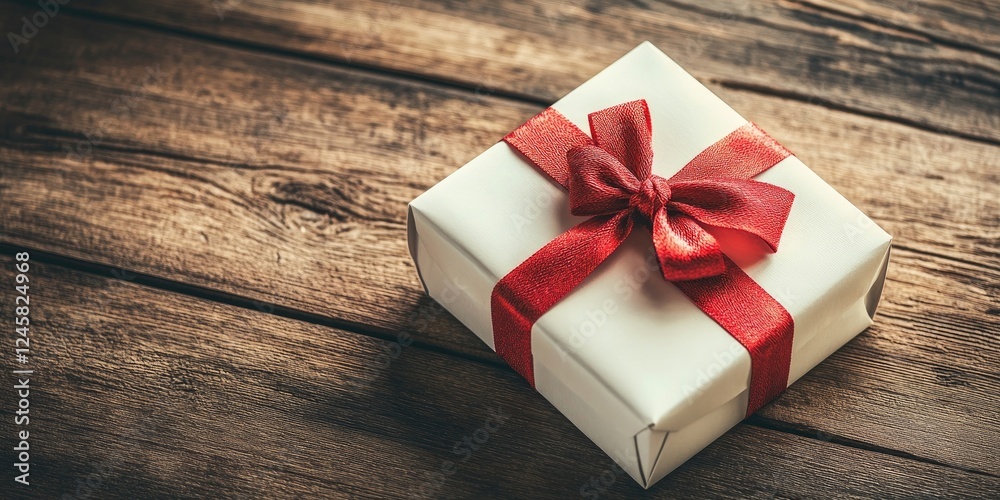 Aufkleber Open white gift box with a red bow and ribbon on a rustic wooden surface showcasing ample negative space for text and design elements.