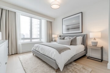 Modern bedroom interior with large windows and elegant decor in a high-rise apartment building