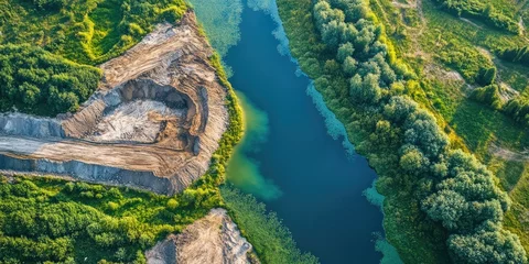 Fototapeten Aerial view of a river winding through lush green foliage with excavation sites on the bank showcasing earthy tones and vibrant blues and greens. © Gular