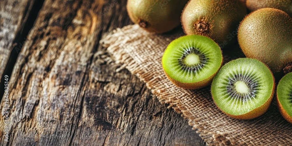 Poster kiwi fruits arranged on a rustic wooden table with selective focus highlighting vibrant green and br