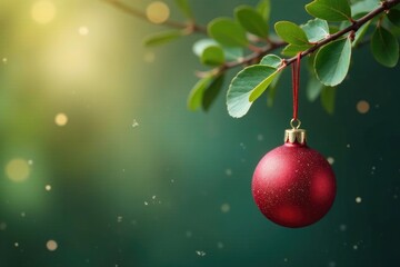 Ornament hanging from a branch with eucalyptus leaves, festive garlands, natural elements