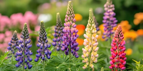 Obraz premium Vibrant lupine flowers in shades of purple, pink, and yellow stand tall in a spring garden, surrounded by a soft-focus backdrop of colorful blossoms.