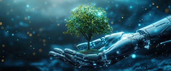 Fototapeta premium Futuristic Robot Hand Nurturing Green Tree in Etherial Glow, Symbolizing Technology's Role in Nature Preservation and Harmony in Ecological Balance