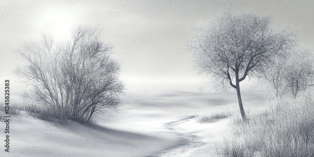 Poster gray winter landscape with soft white snow covering rolling hills, bare trees on the left and right,