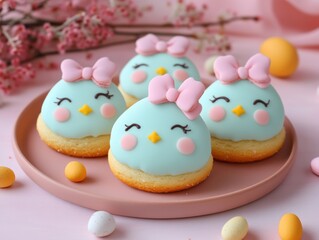 A plate of four decorated cookies with pink bows on them