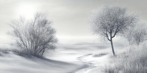 Gray winter landscape with soft white snow covering rolling hills, bare trees on the left and right, diffuse sunlight creating a serene ambiance.