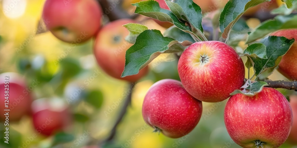 Poster Vibrant red apples hanging from lush green branches in an apple orchard with a soft blurred background of golden sunlight and foliage.