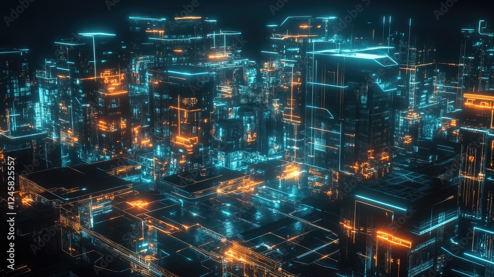Poster a futuristic cityscape at night with interconnected homes and infrastructure, glowing lines and data