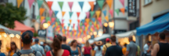 Colorful festival in a lively street market with decorations and crowds enjoying the festivities
