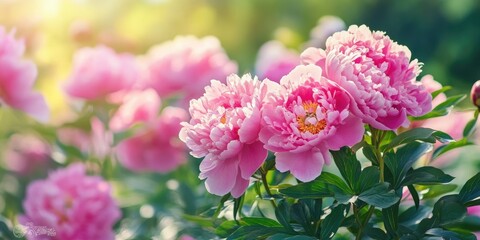 Fototapeta premium Lush pink peonies in full bloom positioned prominently in the foreground with soft golden sunlight filtering through a vibrant green background.