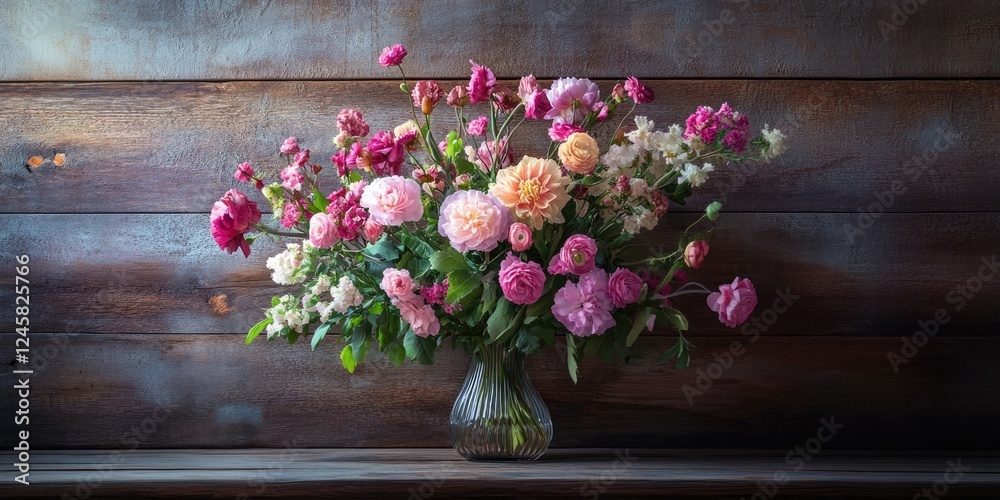 Poster vibrant bouquet of pink and peach roses and dahlias in a glass vase on a rustic wooden background cr