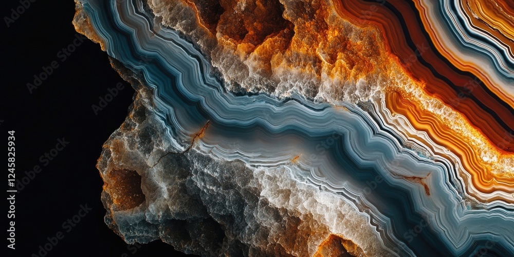 Poster abstract close-up of vibrant agate stone with intricate layers of orange, red, and blue hues against