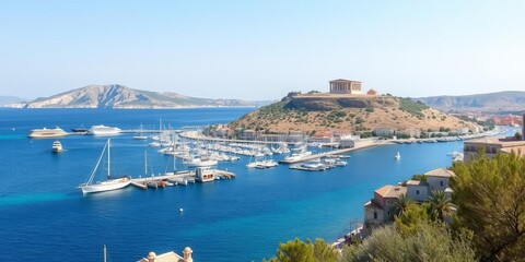 Fototapeta premium Panoramic view of St Paul Bay with Acropolis of Lindos in background on Rhodes, Greece, travel, St Paul Bay, landscape