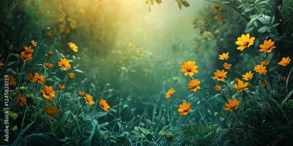 Poster vibrant yellow flowers bloom amidst a lush green background creating a serene natural backdrop with 