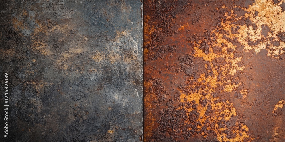 Aufkleber rusty surface texture showcasing a dark gray patina on the left and a vibrant orange rust on the rig