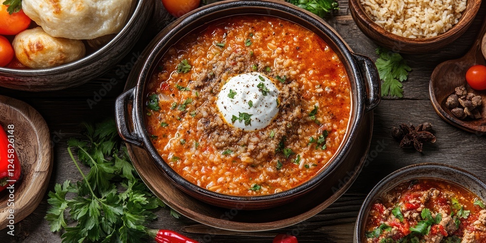 Aufkleber a rustic table setting featuring a vibrant bowl of savory rice dish topped with sour cream, fresh he