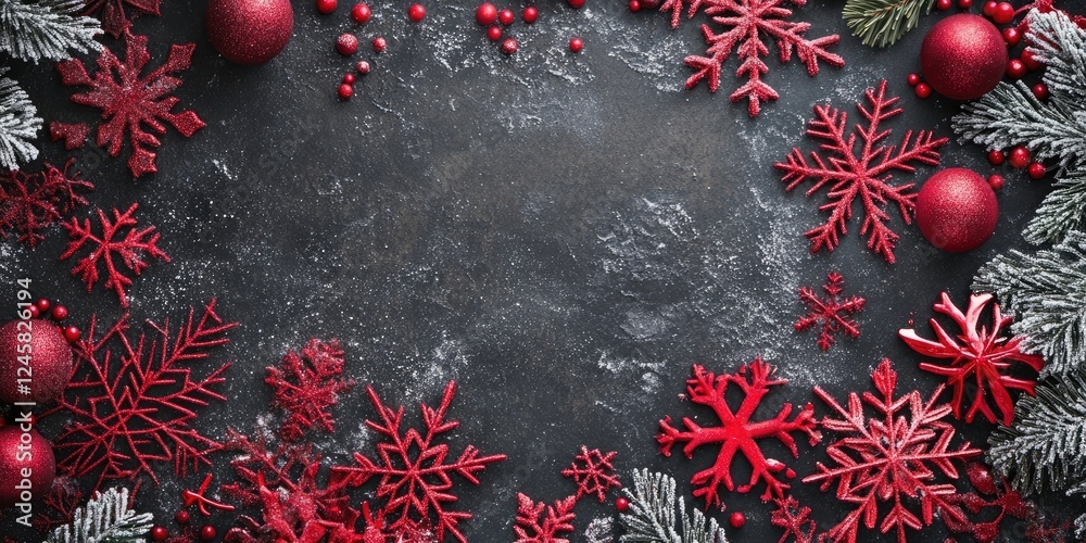 Poster Elegant Christmas background with red snowflakes and ornaments arranged on a dark grey surface creating a vibrant festive frame and ample copy space.