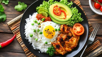 Delicious teriyaki chicken bowl with rice, egg, avocado, and fresh vegetables.