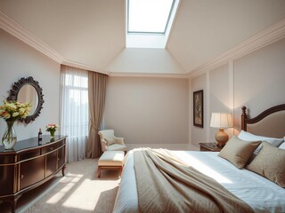 Relaxing bedroom scene with gold lamp on bedside table, pillows on bed, sunlight beams through window, ambience, luxury, serenity