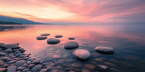Obraz premium Tranquil sunset over calm water with smooth round stones in foreground reflecting pink and purple hues, serene landscape with gentle ripples