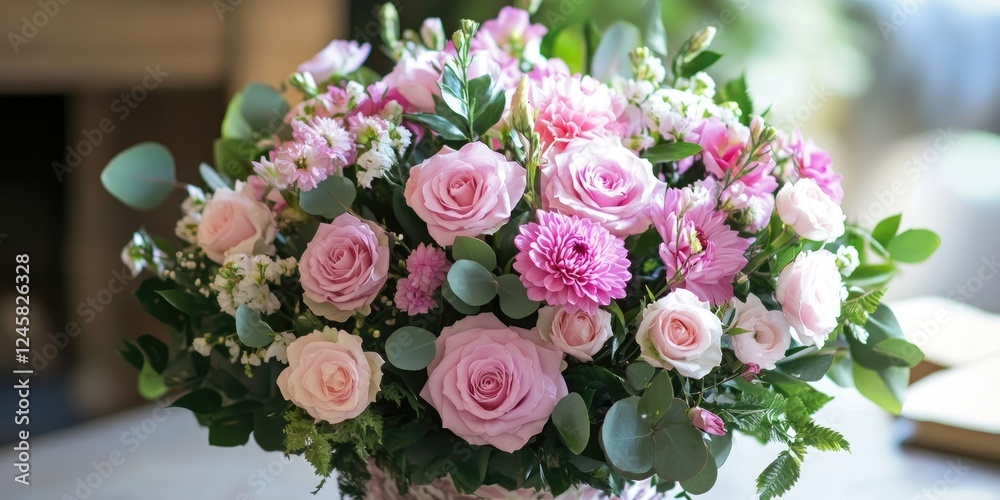Poster vibrant floral bouquet featuring pink roses and assorted blooms arranged in a round vase with greene
