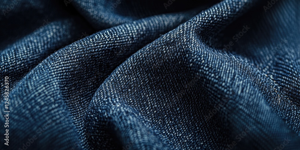 Poster dark blue denim fabric with visible seams and rich texture, draped and folded to showcase depth and 