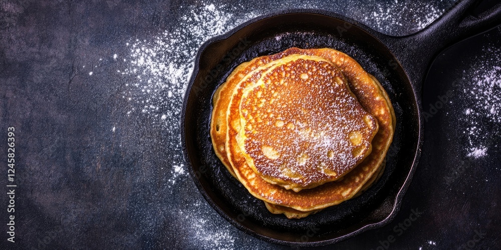 Poster stack of golden pancakes in a cast iron skillet, topped with powdered sugar and cinnamon, set agains