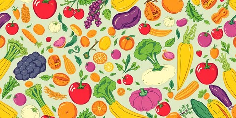 Seamless hand drawn pattern of assorted vegetables and fruits including tomatoes, carrots, apples, and bananas, cooking, natural, ingredients