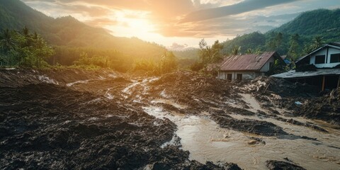 Landscape scene featuring a muddy terrain with a mix of dark browns and greens, scattered houses in background, illuminated by a golden sunset sky.