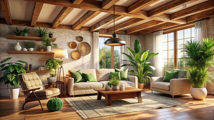 Fototapeta premium Boho Living Room Decor: Wooden Beams, Plants, Bright Interior Design