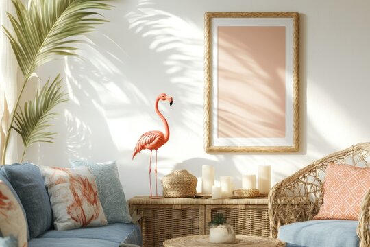 Coastal living room mockup, flamingo decor, sunlight shadows, wicker furniture, poster frame