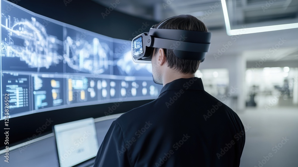 Poster A futuristic control room with an operator using AR technology to view operational data and receive expert guidance, optimizing decision-making with real-time feedback.