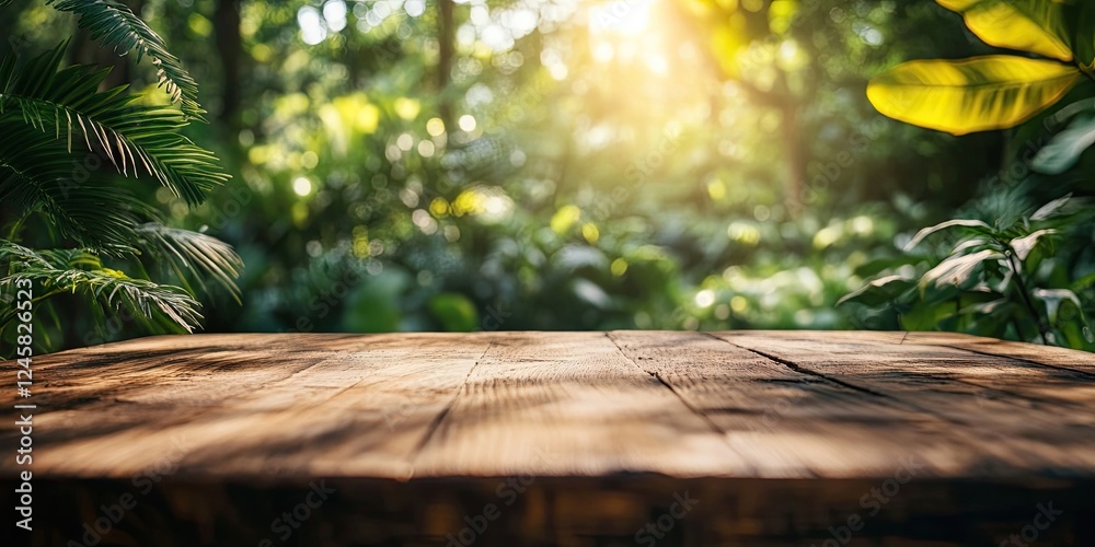 Poster wooden tabletop with warm light casting shadows, surrounded by green foliage and soft focus backgrou