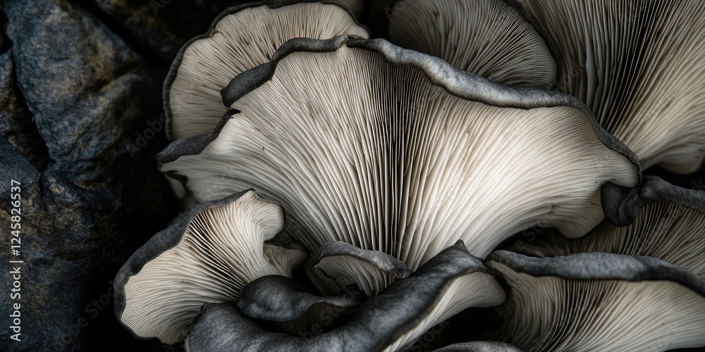 Aufkleber detailed close-up of oyster mushrooms displaying intricate gray and white gills with dark textured b