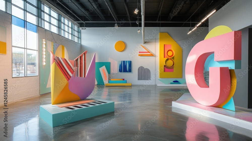 Aufkleber a futuristic art gallery space displaying large geometric sculptures in bright colors, with clean li