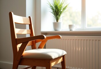 Natural Wood High Chair with Beige Seat Cushion: Modern Baby Feeding Solution, Simple Design, Bright Window Light, Eco-Friendly, Safe & Stylish

