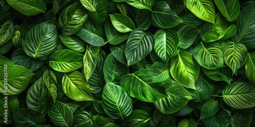 Poster lush green tropical leaves in various shapes and textures layered densely with rich shades of emeral