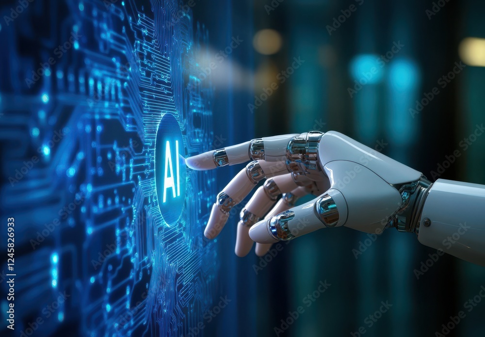 Poster futuristic robotic hand interacts with digital interface representing artificial intelligence techno