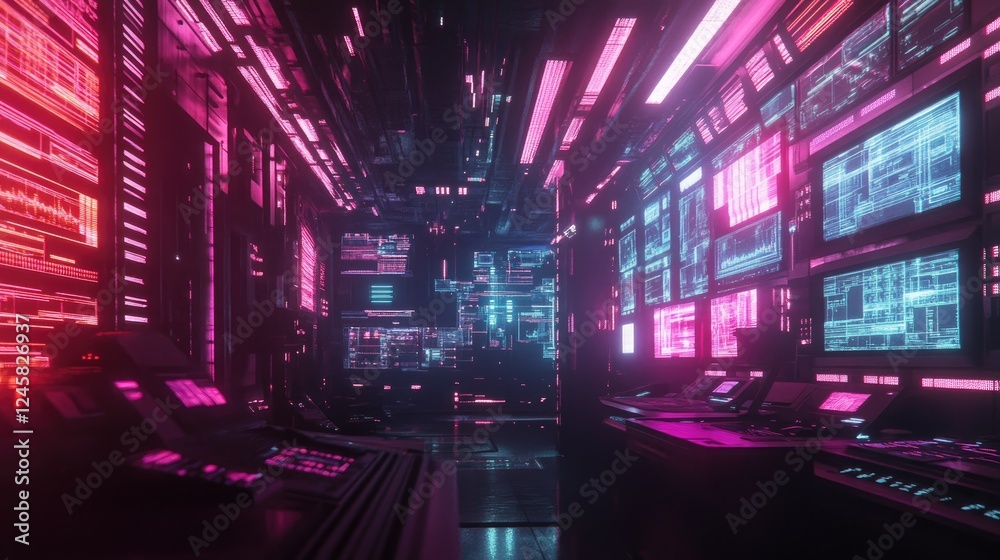 Aufkleber A futuristic control room with data streams projecting from the ceiling and illuminating the space, showcasing the advanced technology and glowing consoles
