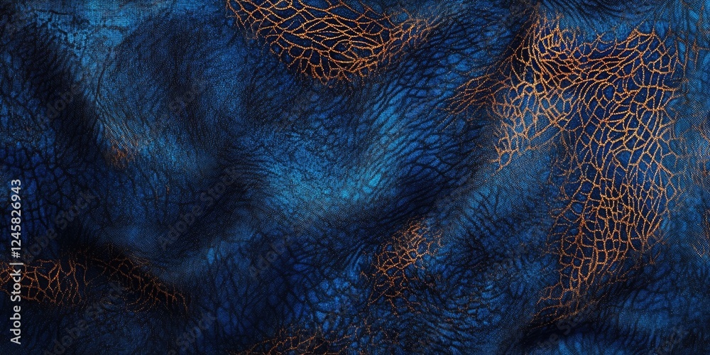 Poster Vibrant blue textured abstract background with intricate metallic orange lines weaving through a fluid surface, creating a dynamic visual contrast.