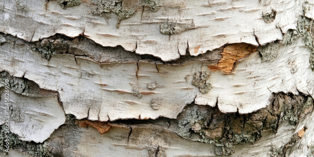 Poster birch tree bark with distinctive peeling texture in natural beige and gray tones showcasing an intri