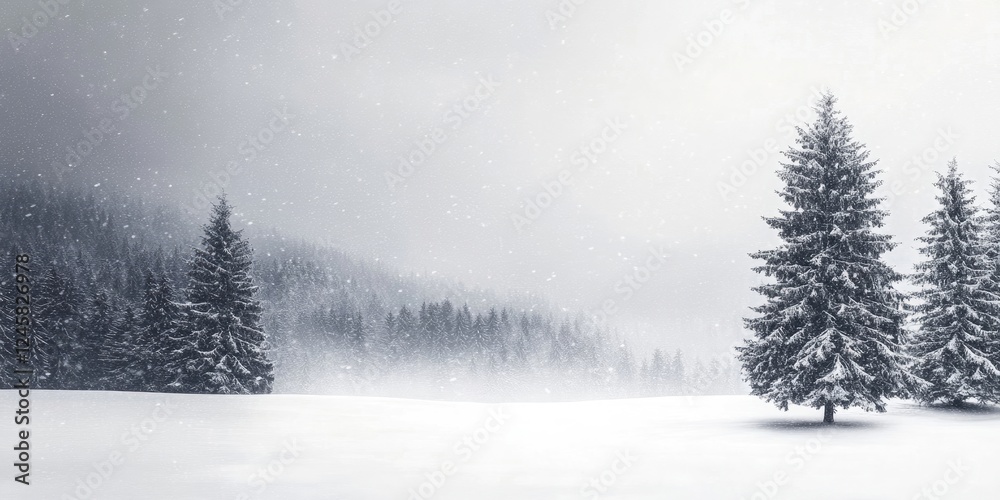 Poster serene gray winter landscape featuring snow-covered evergreen trees on the right side with gentle sn