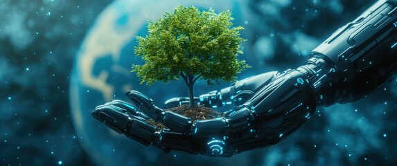 Naklejka premium Futuristic robotic hand nurturing tree symbolizing harmony between technology and nature in cosmic environment, illustrating sustainability and innovation journey