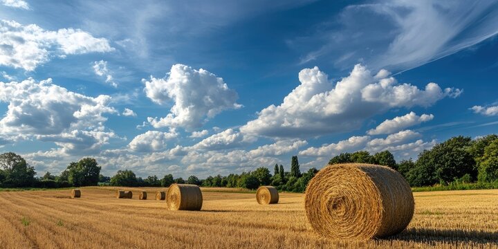 Golden wheat field with round hay bales under a bright blue sky scattered with white clouds, green trees lining the horizon on a sunny day