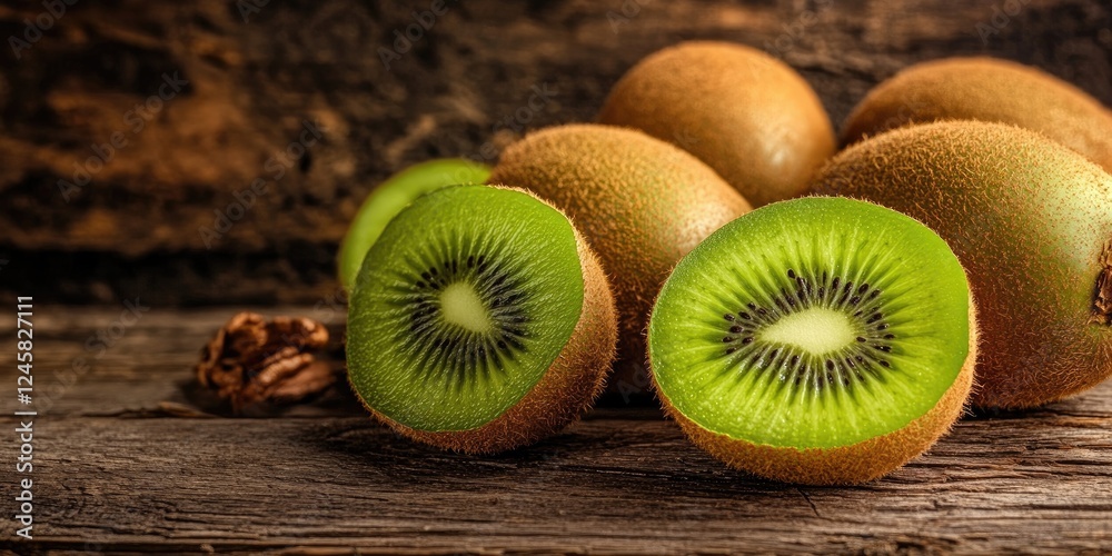 Poster vibrant green kiwi fruits cut in half placed on a rustic wooden table with warm brown tones highligh