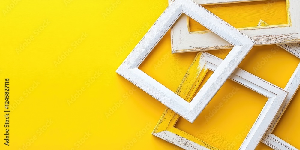 Poster empty white and yellow wooden frames arranged atop a vibrant yellow background showcasing blank spac