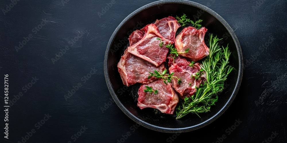Poster raw boneless lamb neck slices arranged in a black skillet with fresh green herbs on a dark backgroun