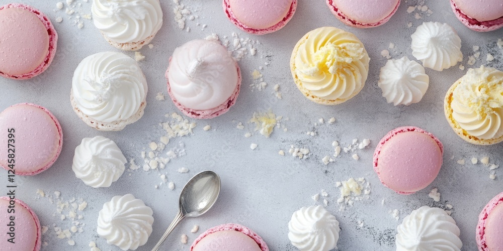 Poster overhead view of pink, white, and yellow macarons and meringues arranged on a gray background with a