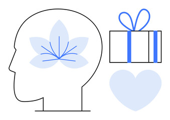 Human head outline with leaf inside it, gift box, and heart. Ideal for mental health, mindfulness, wellness, self-care, generosity empathy and personal growth themes. Line metaphor