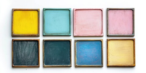 Fototapeta premium Blank colorful chalkboards in a grid layout with yellow, blue, pink, dark green, and light blue colors positioned against a bright white background.